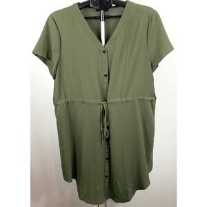 Shein Army Green Dress 1XL V-Neck, Button down, Short sleeve